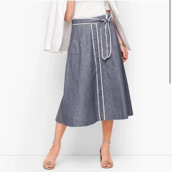 TALBOTS Chambray Blue Linen Blend Midi Skirt Size 14 - Picture 2 of 16